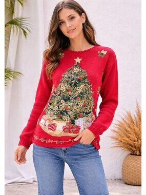 Heirloom Collection Christmas Tree Embroiderec Long Sleeve Sweater Sz S Vintage